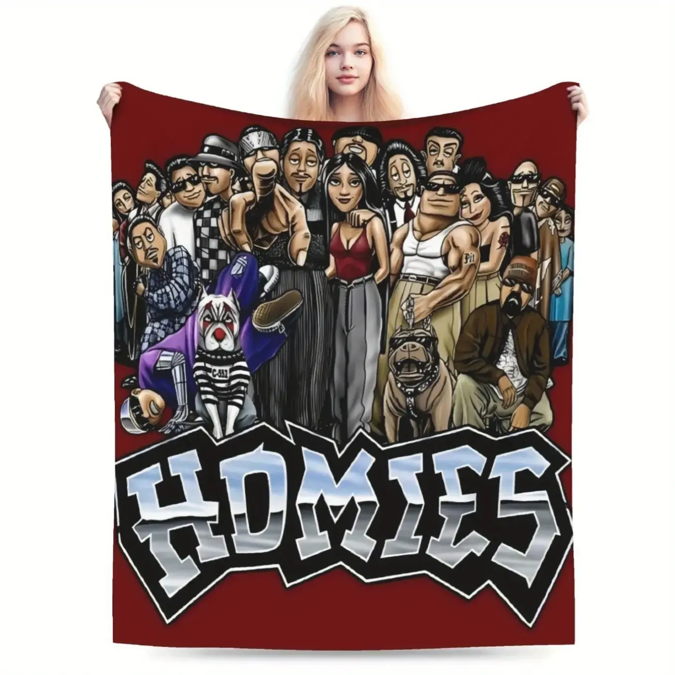Homies Cartoon Character Flannel Throw Blanket - Chicano Art Lowrider Culture Streetwear Design, Wrinkle-Resistant, Fade-Resistant, Breathable, Durable, All-Seasons Plush Fleece Cover for Bed, Sofa, General Use for Adults, Pop Culture Fans