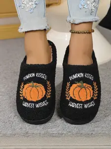Halloween Pumpkin Slippers, Cozy Fleece Lined Indoor Shoes, Cute Cartoon Pumpkin Cotton Slippers for Couples, Warm Home Footwear