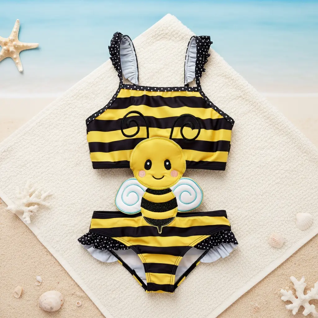 Girls' 3D Bumble Bee Applique 2-Piece Tankini - Black & Yellow Striped, Polka Dot Ruffles, Toddler Bathing Suits for 1-6Y, Spiral Swimsuit Girl's Tankinis Set, Swimwear