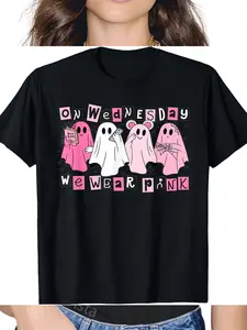 100% Cotton Unisex FUUNY On Wednesday We Wear Cute Pink Ghost Halloween T-Shirt