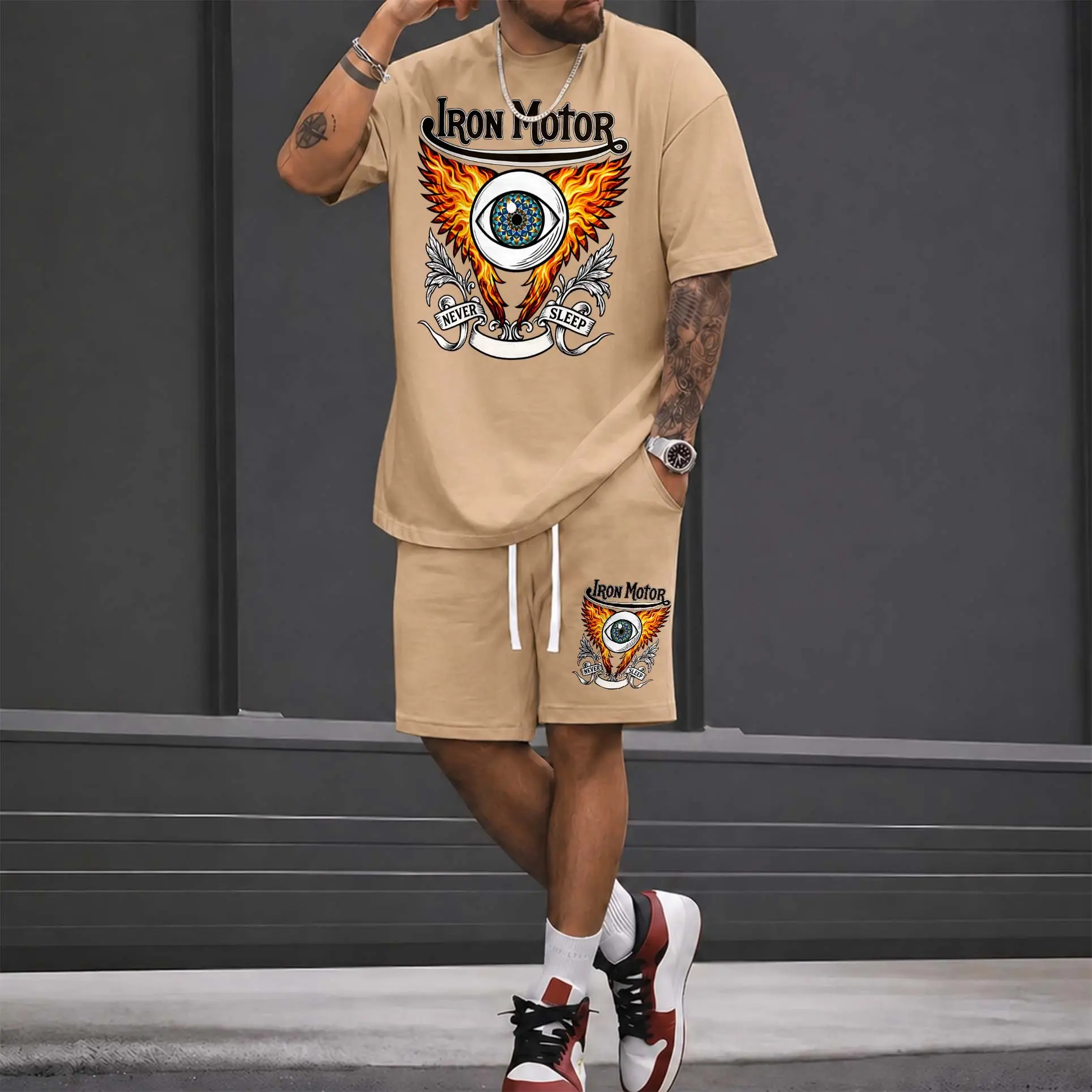 Men’s Summer 2 Piece Set, Ron Motor. Hiphop Street Style Letter Print Short Sleeve T Shirt and Drawstring Shorts Matching Outfit, Lightweight Breathable Casual Set for Travel, Streetwear, Beach, Vacation, and Daily Wear