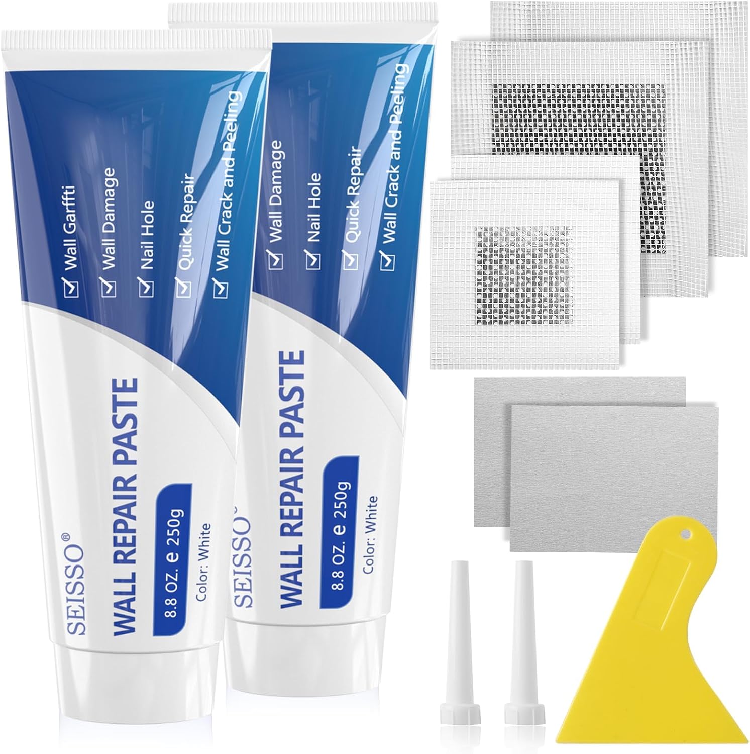 SEISSO Drywall Repair Kit, White- Wall Mending Agent 250 g* 2, Wall Repair Paste Plaster, 1 Pack Wall Putty, Repair Tape and Wall Repair Patch with 2inch 4inch, Quick Fill Crack and Nail Hole