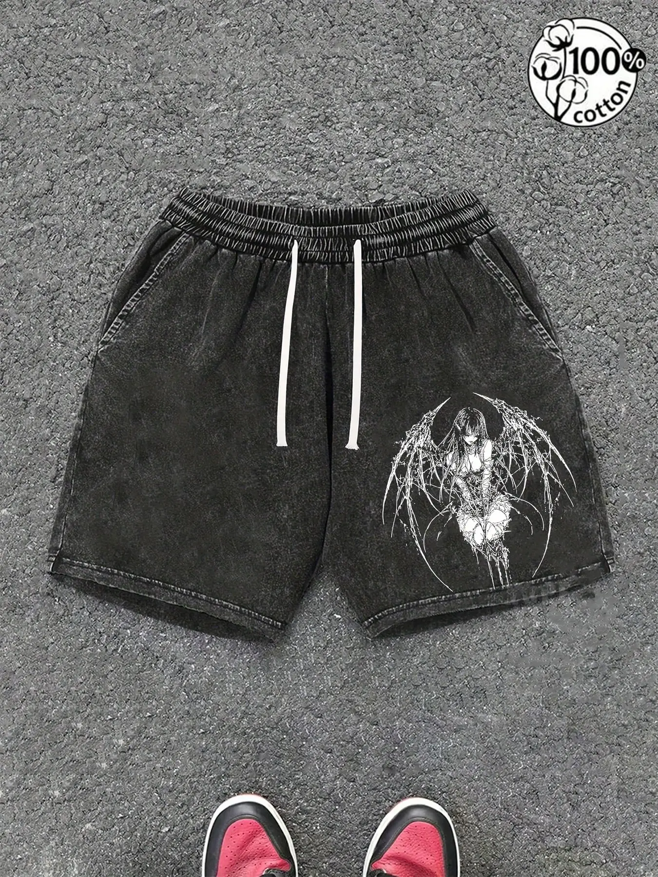 Unisex 100% Cotton Washed Vintage Dark Angel Thorn Wing Print Drawstring Oversized Casual Graphic Loose Shorts | Y2K Gothic High Street Dark Street Style American Retro Streetwear