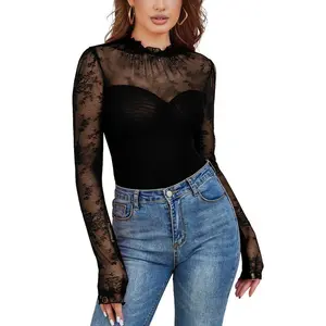 Women's Christmas 2024 Lace Crochet Splicing Sheer Elegant Long Sleeve Tulle Bodysuit Long Sleeve Bodysuit Shirt Mesh Turtleneck Montage Solid Midnights Going Out Winter Minimalist Shorts Body Suit Vintage Tops Women's