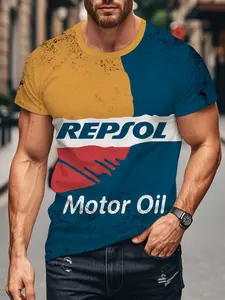 Summer New Men's Repsol Oil Vintage Print Short Sleeve T-Shirt, Colorblock Worn Out Motorcycle Style Casual Top, Multifunctional Streetwear