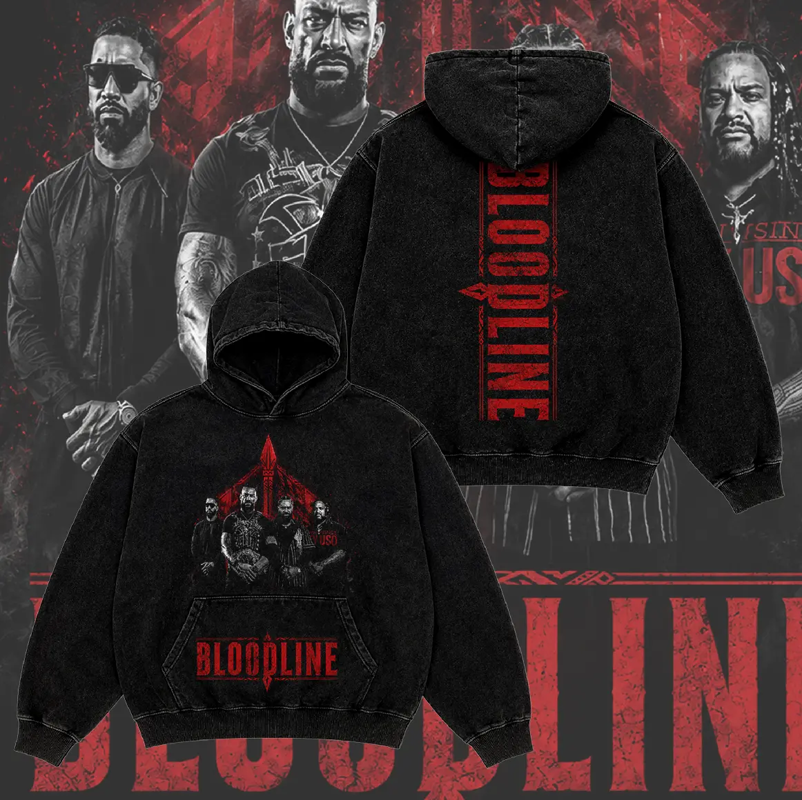 7787 The Bloodline Roman Reigns Jey Uso Jimmy Uso Solo Sikoa Graphic Hoodie for Wrestling Fans Menswear, Vintage Washed, Front Back Print