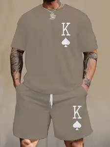Men's King Print 2-Piece Set, Casual Round Neck Short Sleeve T-Shirt and Drawstring Shorts, Summer Leisure Wear