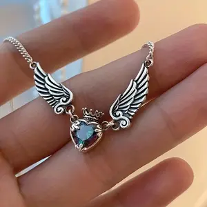 1pcs Alloy Heart Distressed Angel Wings Necklace, Hip Hop Trendy Jewelry, Gift For Men Or Best Friends Or Couples