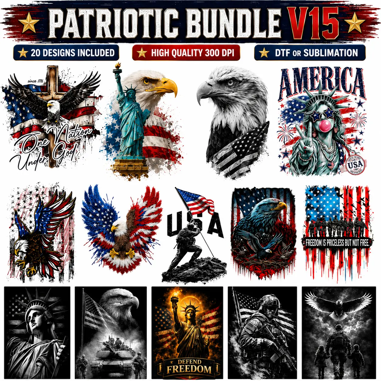 Patriotic Bundle V15 | Ready-to-Press  DTF & Sublimation Transfer | 14 USA Designs, 20x5 Roll, 11" Transfers | DIY Printmaking Embossing Accessories