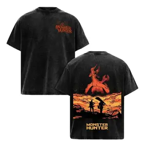 Monster Hunter V3 Vintage Washed T-Shirt – Heavyweight Cotton Fantasy Streetwear Gamis Graphic Tee, Beast Hunter, Monster Slayer Epic Beast Battle Design, Menswear Clothes Man Tshirt Unisex Oversized,