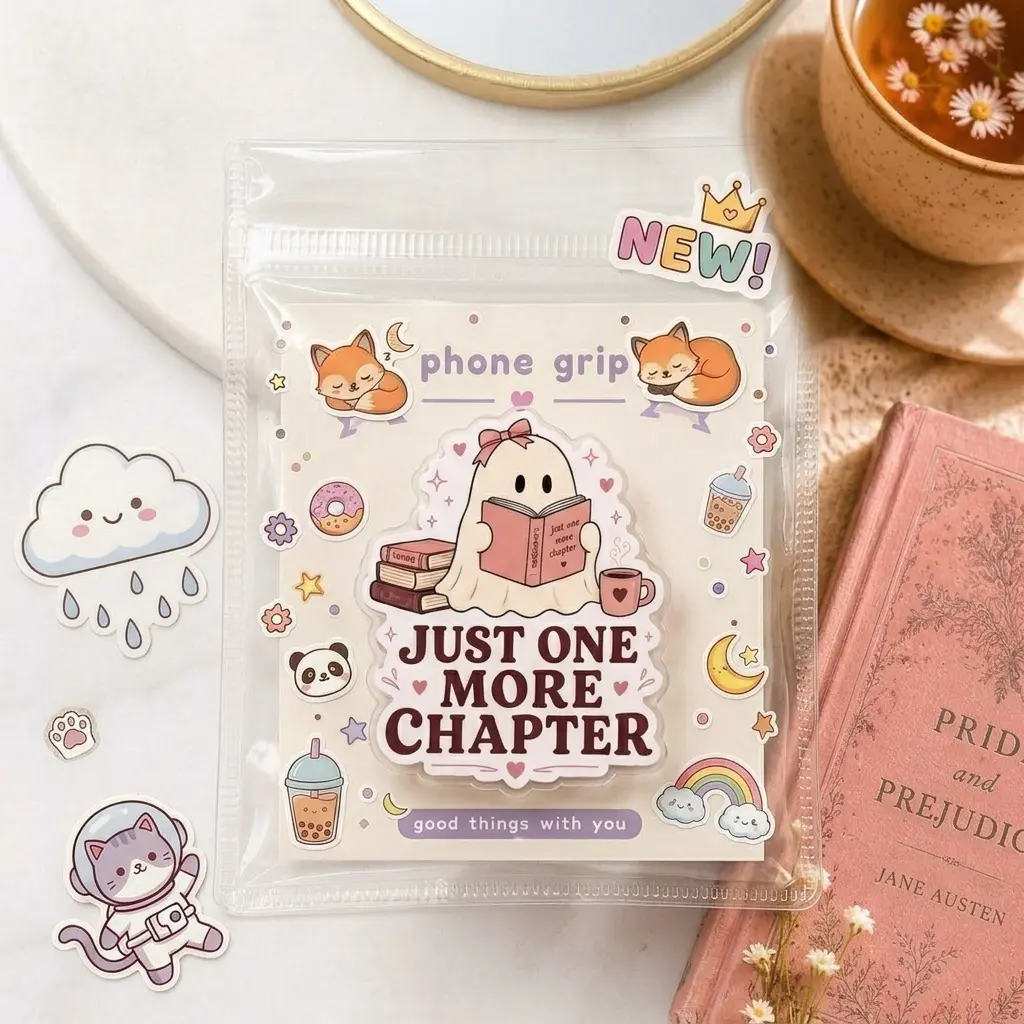 Cute Ghost Book Lover Phone Grip, Just One More Chapter Phone Stand Holder, BookTok Reader Gift for Women Girls