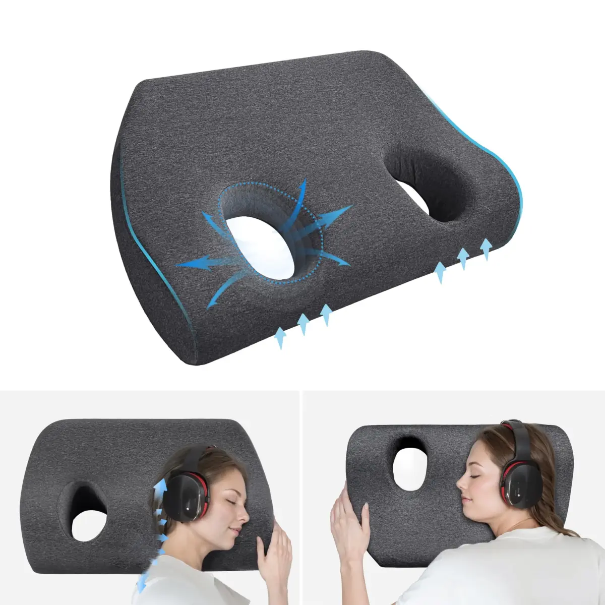 Ear Hole Side Sleeper Pillow with Headphone Cutout, Breathable Noise Isolation Support Cushion, Ergonomic Ear Relief Pillow for Sleeping with Over-Ear Headphones, Reduce Ear Pressure & Pain