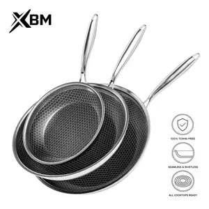 XBM Professional Hybrid Nonstick Frying Pan,Mother's Day gifts, Rivetless Easy-Clean Interior, Healthy 100% PTFE/PFOA Free Ceramic Honeycomb Skillet, Tri-Ply Stainless Steel, Induction Ready - Multiple Sizes Cookware Metal Handles Lid Oven