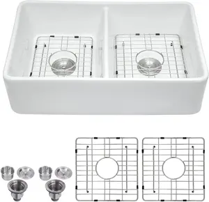 Hardware water tap 32" L x 20" W Double Basin Farmhouse Kitchen Sink with Basket Strainer