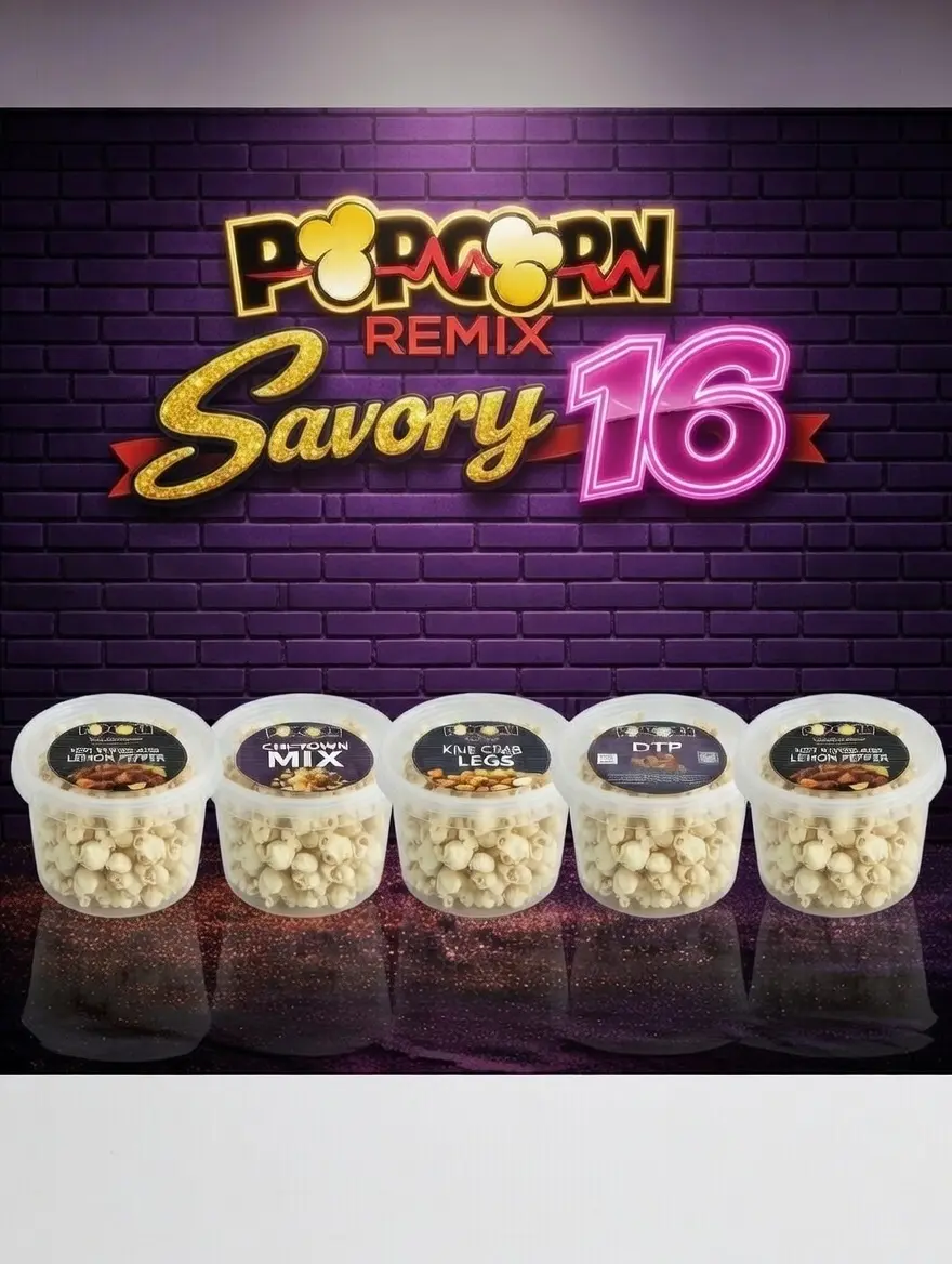 Popcorn Remix Savory 16 Snack Pack- Bold Sample Pack, 5 Flavors, 16oz Each, Includes Crab Legs Flavor