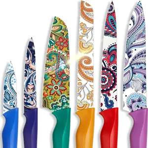 Astercook Paisley Pattern Knife Set with Cover, Dishwasher Safe Colorful Knives with 6 Knife Sheath, German Stainless Steel Rainbow Knife Set
