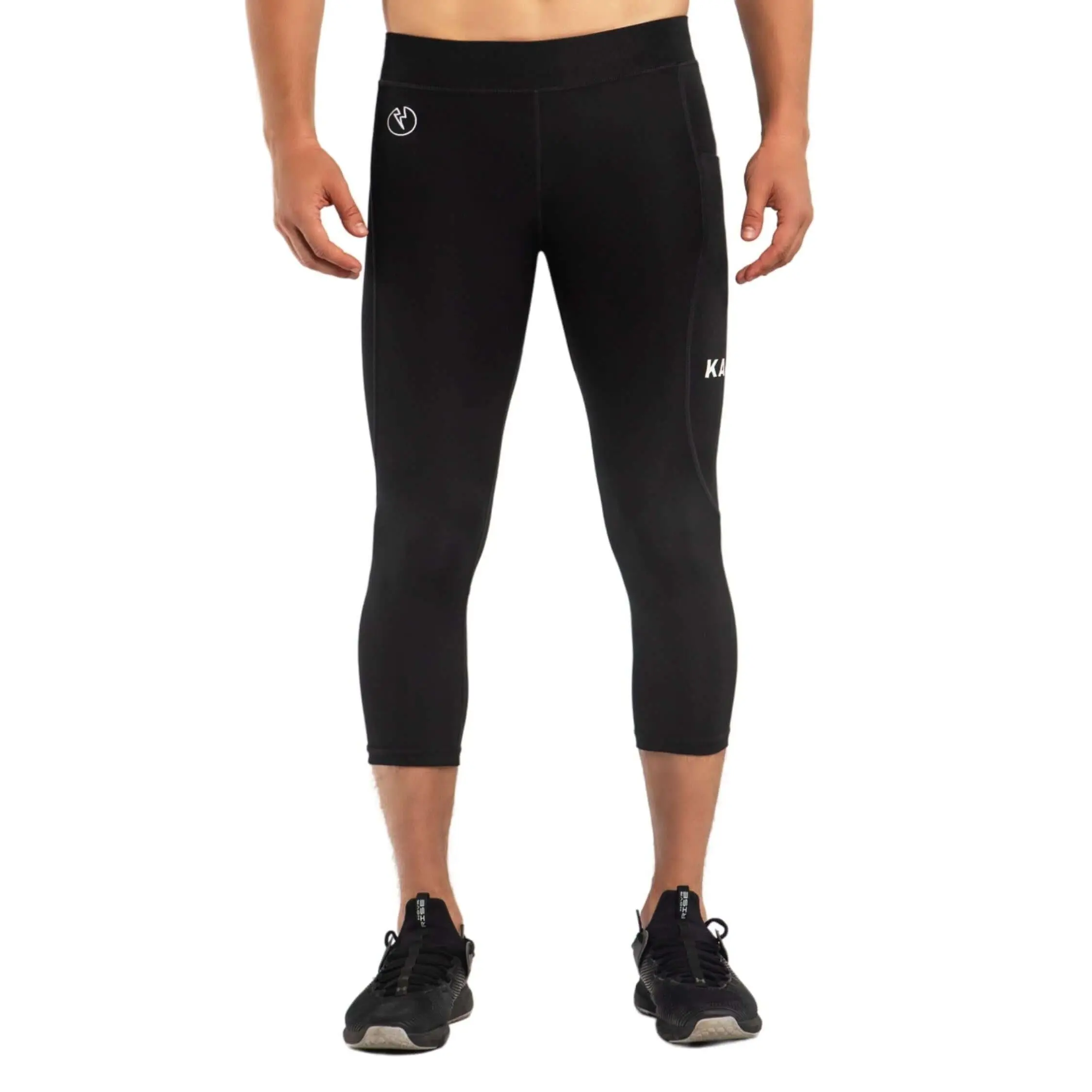 Kapow Meggings Jet Recycled Black ¾ Men's Leggings Activewear with Phone & Zip Pockets Eco-Friendly Gym HIIT Running Cycling Performance PRO ECO Tight Fitting Compression Fitness Training Pant Skinny Yoga Bottoms