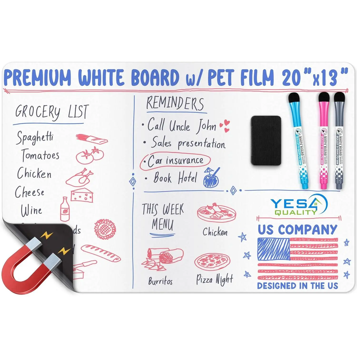 Yes4Quality Magnetic Dry Erase Whiteboard for Fridge - Home Daily Planning Tool, Grocery List Organizer, Clean Writing Area, Available in 12x8, 11x14, 13x20 Inches (Educational Arts & Crafts Toy), 12 X 8