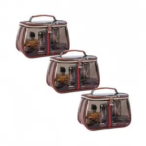 (Brown) New Retro Vintage Vanity Bag, Clear Makeup Organizer with Handle, Large Capacity Water Resistant Cosmetic Toiletry Bag for Women, Travel Skincare Storage Case, Vintage Makeup Pouch