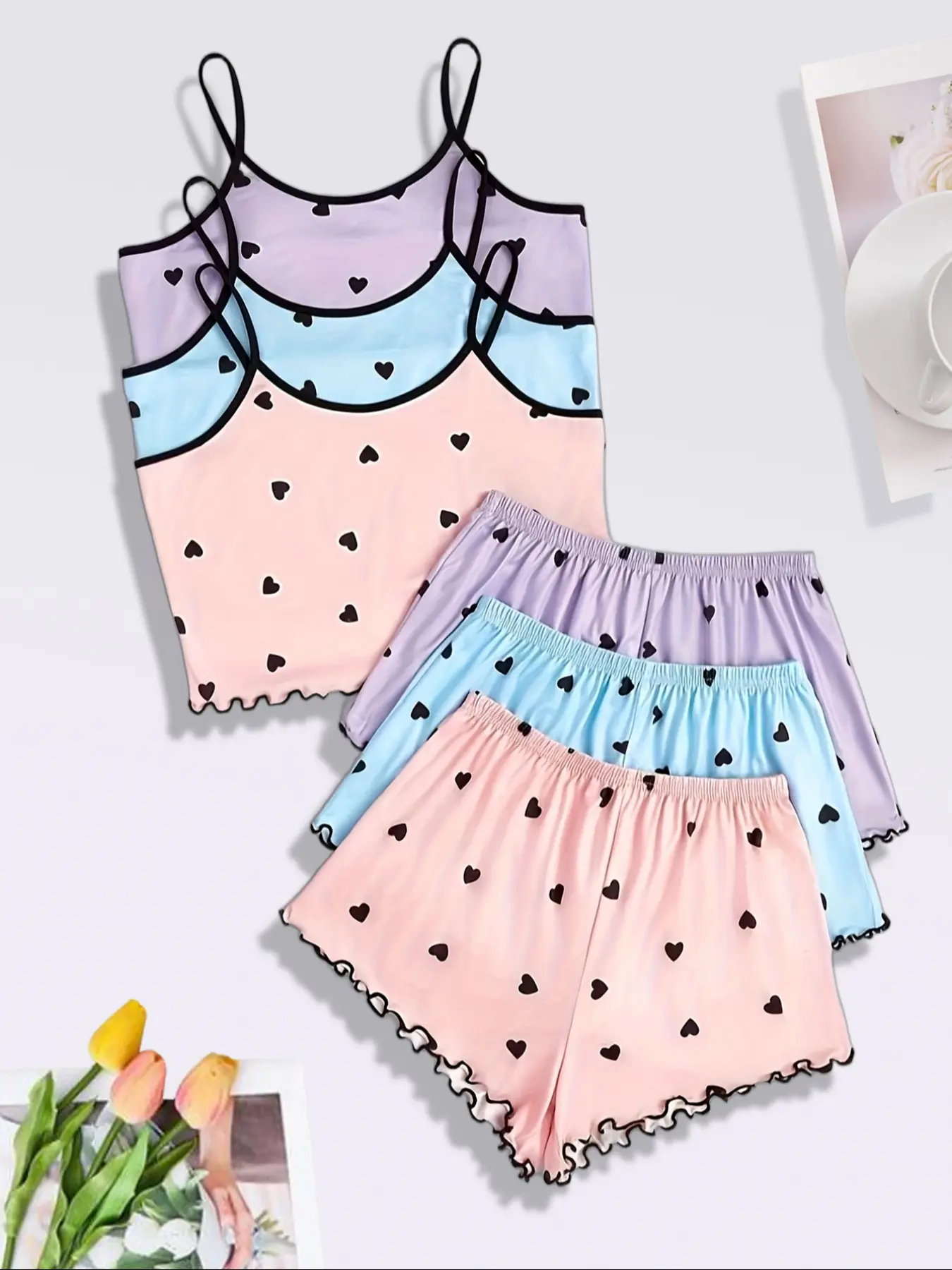 3-Piece Set Soft Pastel Heart-Shaped Halter Shorts Women's Sexy Pajama Loungewear Set, Wooden Earlobe Comfortable Casual Home Wear, Nightwear