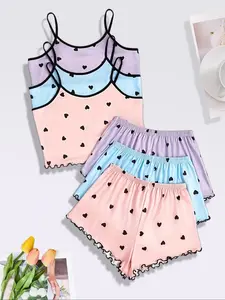3-Piece Set Soft Pastel Heart-Shaped Halter Shorts Women's Sexy Pajama Loungewear Set, Wooden Earlobe Comfortable Casual Home Wear