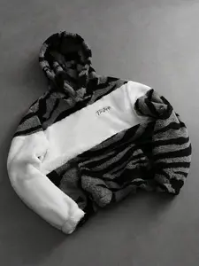 Men's hooded sweatshirt, plush fabric, Knit Material Soft Long Sleeve pullover hoodie, knitted sweatshirt, autumn and winter clothing, color-blocked design Zebra Stripe Casual top, holiday gift, boyfriend gift.