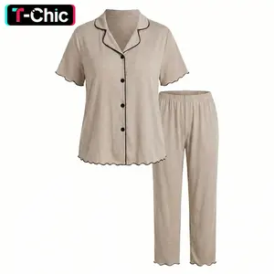 Soft Haven Women's Plus Size 2-Piece Ribbed Knit Pajama Set, Lettuce Edge Henley Top & Pants, Soft Loungewear Nightwear (0XL-4XL)