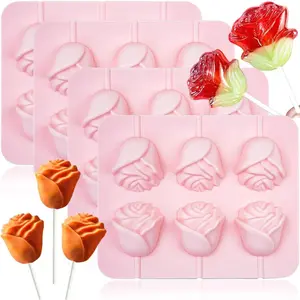 3D Rose Flower Lollipop Molds, 4 Pcs 6 Cavity Rose Shaped Silicone Lolly Pop Tray Chocolate Candy Molds with 30 Sticks for Mother's Day Hard Candy Cupcake Decor Sucker Pop Jelly Soap Making (Pink)