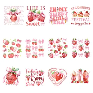 12pcs Strawberry Theme Heat Transfer Stickers, Vinyl Decals for Clothing, T-Shirts, Canvas Bags, Hats, DIY Crafts