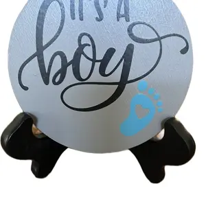 Round Wooden Table Top Decoration with "It's a Boy" Text and Blue Footprint Design for Baby Shower Decor  ***Stand NOT included ***