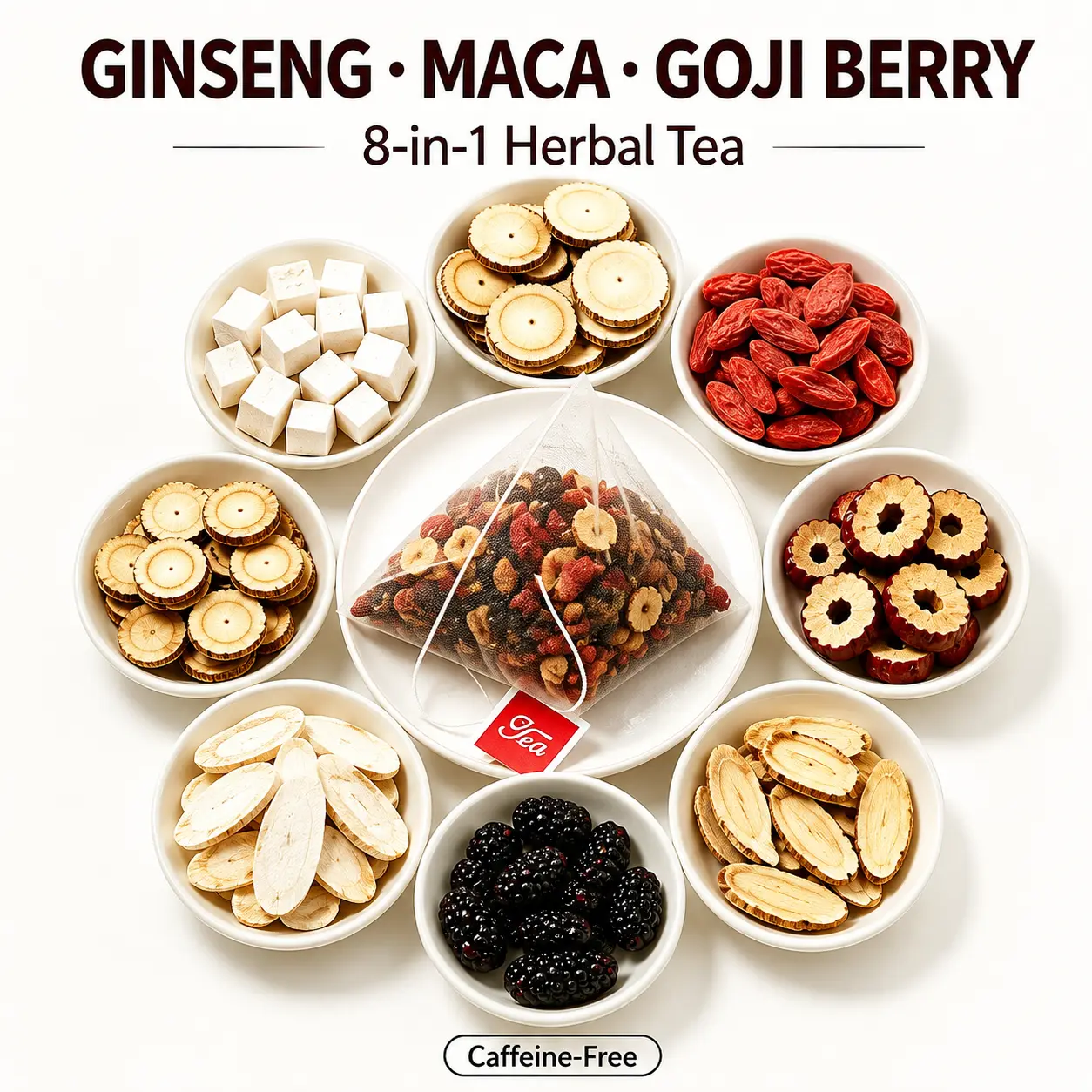Organic Premium Ginseng Herbal Tea Bags - Caffeine-Free Natural Herbs Blend with Red Date, Goji Berry - 8 Natural Ingredients Pyramid Sachets for Energy, Relaxation