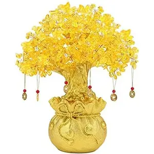 VOVOV Feng Shui Citrine Yellow Crystal Money Tree with Chinese Dragon Pots for Living Room Home Decor Figurine Wealth Success Ornaments