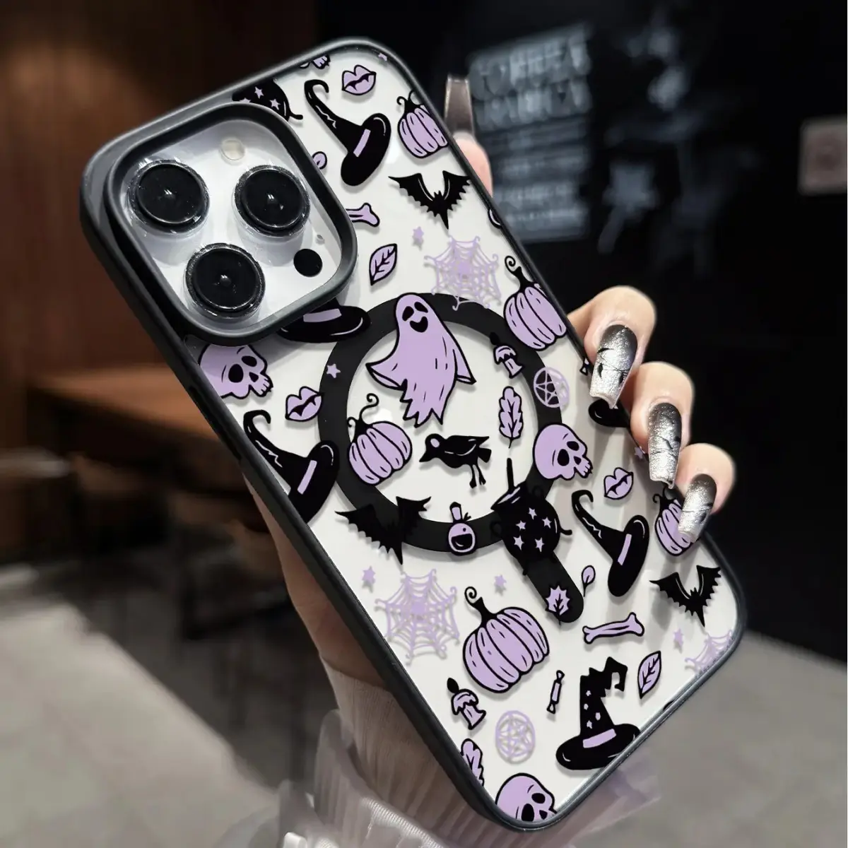 Halloween Purple Ghost Pumpkin MagSafe Phone Case for iPhone 17/16/15/14/13 Pro Max/Plus/Pro Transparent Back Protective Cover with Black Edge Shockproof
