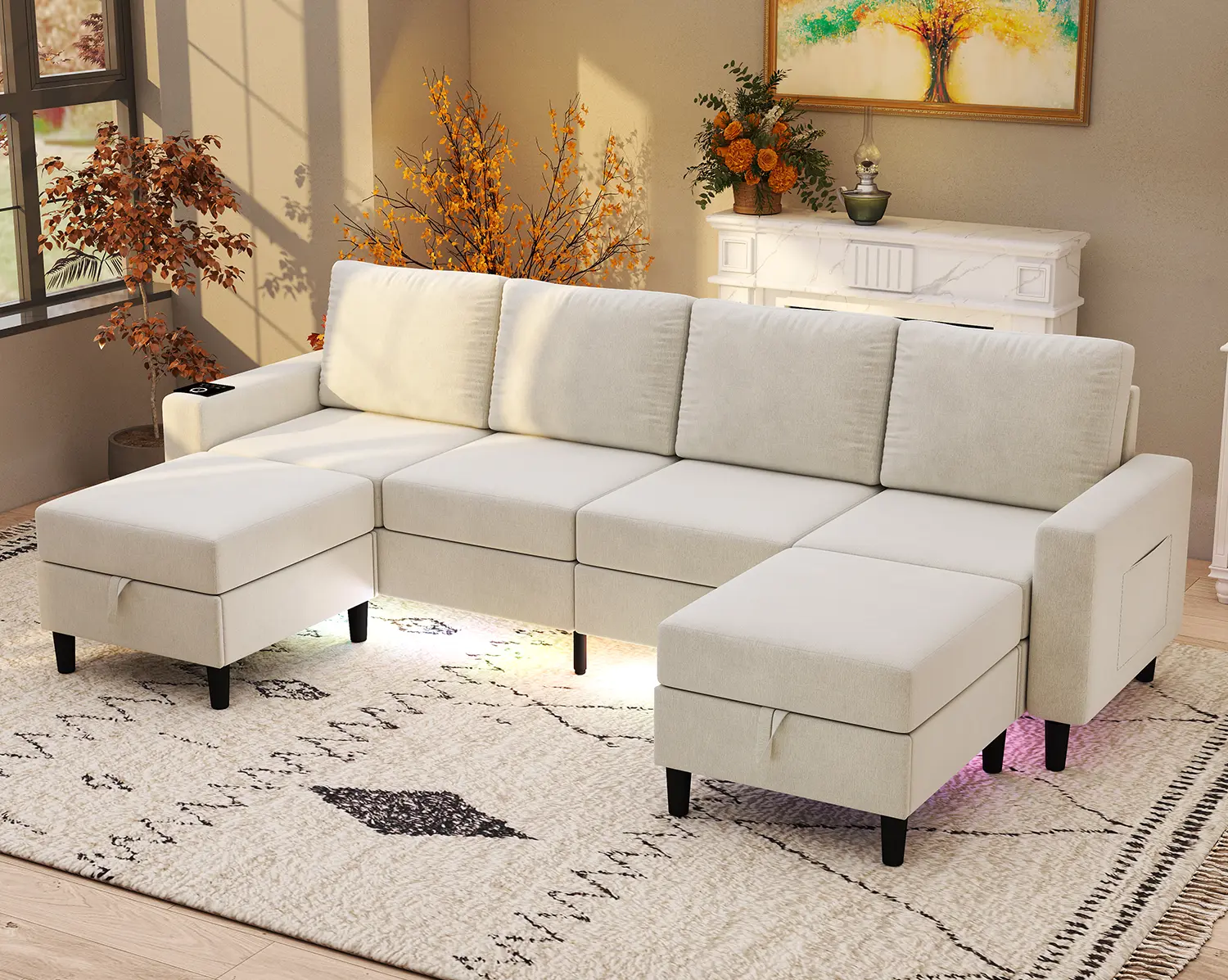 【2packages】109 Inch 3-in-1 U-Shaped sherpa  6-Seater Sectional Sofa, cloud soft Modular Storage Couch with Speakers, modern Wireless Charging & LED Lights,  corduroy Pocket Coil Spring Lazy Chaise Lounge comfy