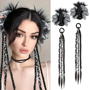 Black Hair Bun,Clip-On Feathered Bun Hair Pieces for Women Synthetic   Bun Hair Extension  Looking  Hair Clips Volumizing Straight Bun(Black, White ribbon braids,  flower)