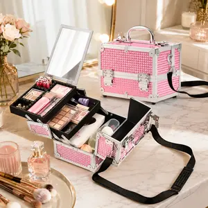 Yaheetech  Makeup & Nail Art Train Case with Mirror - Multi-functional Lockable Cosmetic Storage Organizer Box with 2 Trays, Compartment, Adjustable Dividers for Makeup Tools/Manicure Supplies/Jewelry