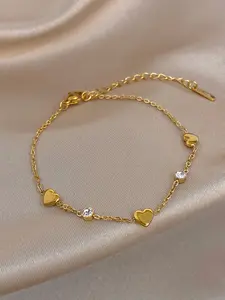1pc 18K Gold Plated Stainless Steel Women's Heart Charm Bracelet, Includes Heart Charms, Cubic Zirconia Accents, Adjustable Link Chain, Dainty Gold Tone Chain Bracelet, Elegant Style, Sophisticated Jewelry, Heart Shaped Bracelet