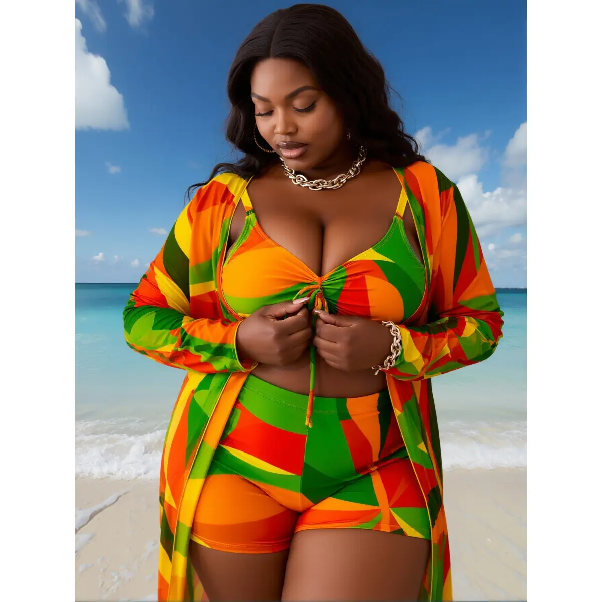 Women's Plus Size 3-Piece Tropical Print Bikini Set 2026, Orange/Green/Yellow Geometric Print, Adjustable Drawstring Ruched Top, Boyleg Bottom, Long Sleeve Sun Protection Swim Cover-Up, Stretchy Quick Dry XXL Swimwear for Beach Vacation, Tropical Print Bi