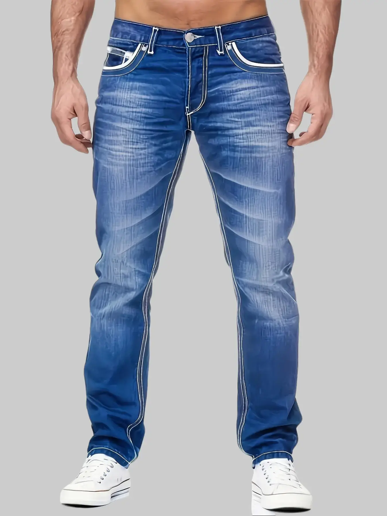 Men’s classic washed white jeans with contrasting stitching and a straight cut; retro Western curve stitching, five-pocket street style casual long jeans; premium denim fabric—stretchy and breathable, slimming fit; suitable for all seasons; men’s bottoms;