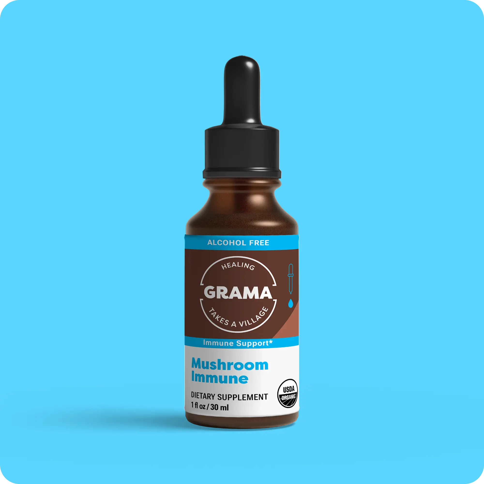 Grama Wellness  Mushroom Immune USDA Organic Lions Mane Liquid Drops - Brain, Focus & Immune Support for Kids & Adults, Organic Mushroom Extract Supplement with Turkey Tail, Reishi, Cordyceps - 30 Servings
