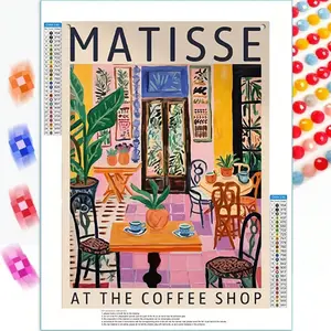 One Diamond Art Painting Kits Crafts Charming Cozy Henri Matisse Inspired Vintage French Café, Spanish Terrasse Balcony Round Acrylic Full Drill Craftsmanship, 5D Handicraft 40cmx40cm / 15.75" x 15.75" Wall Art Decor Gift