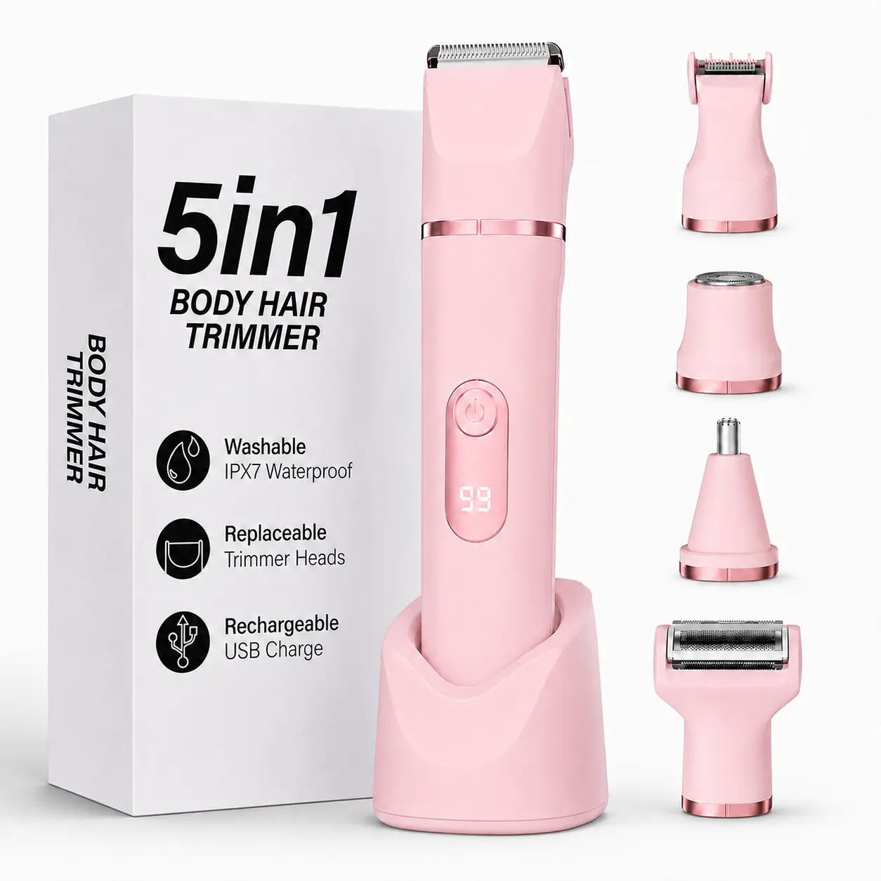 5-in-1 Bikini Trimmer for Women, IPX7 Waterproof Electric Shaver with Ceramic Blades & Digital Display, USB Rechargeable Cordless Grooming Kit for Body, Face & Sensitive Areas
