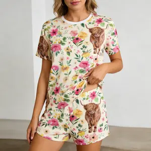 Women's Highland Cow & Floral Print Short Sleeve Pajama Set, Soft Breathable Fabric, Comfy Elastic Waist Shorts, Casual Loungewear for All Seasons, Cute Animal Sleepwear Two-Piece Set