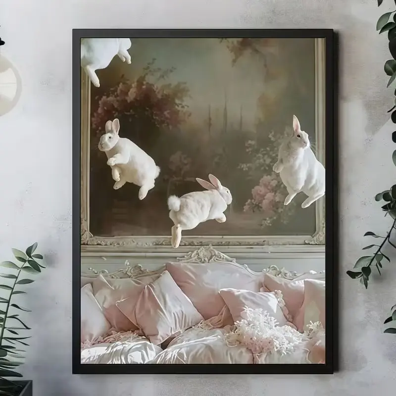 Floating White Bunny Poster, Dreamy Vintage Wall Art For Bedroom, Nursery, Living Room, Gift For Easter, Birthday, Baby Shower