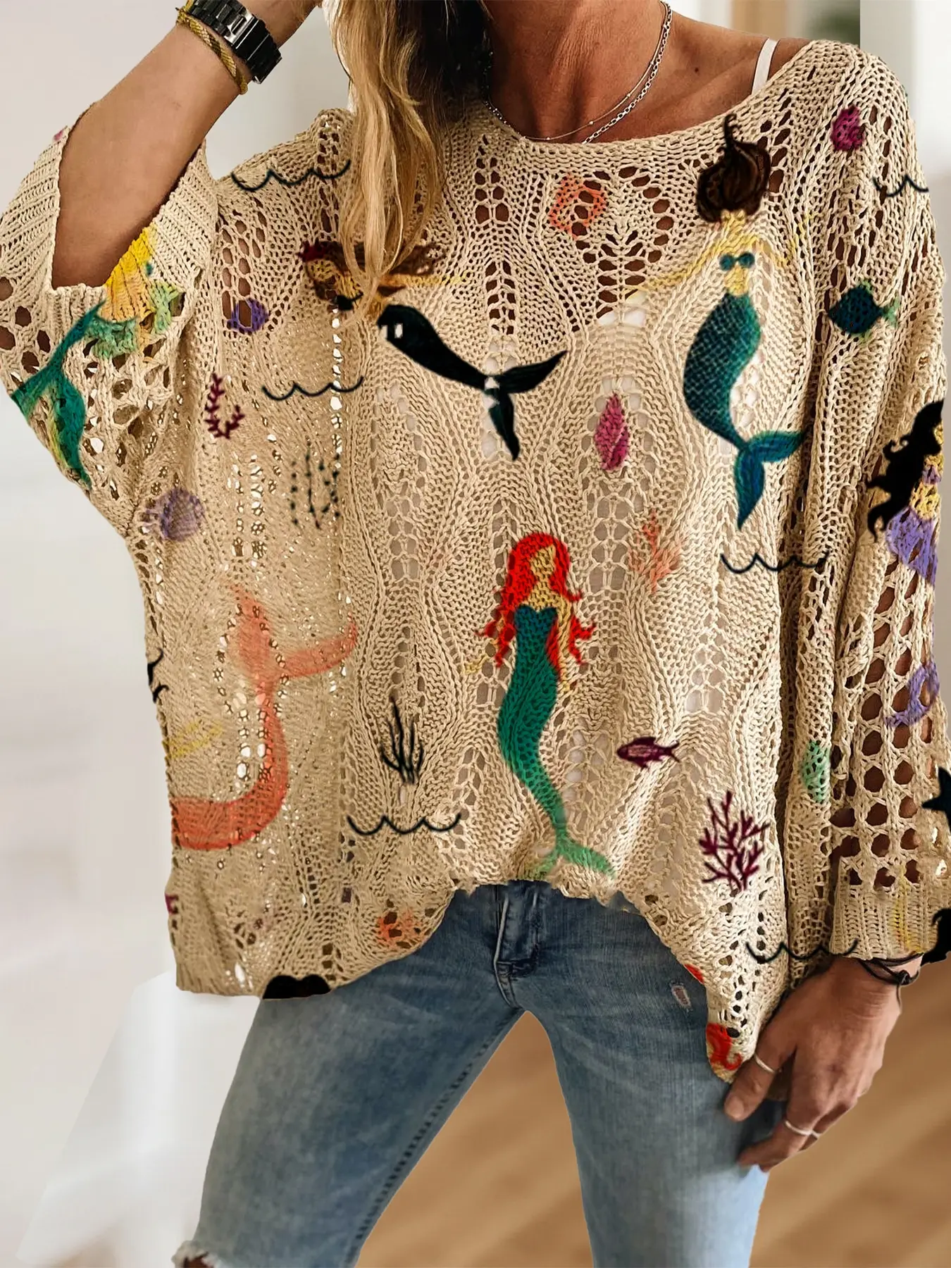 Women's Mermaid Print Knit Sweater, Casual Elegant Vacation Style, Comfortable Breathable Loose Fit, Batwing Shoulder Design, Spring Summer Fall, Knitwear, Graphic Knitwear