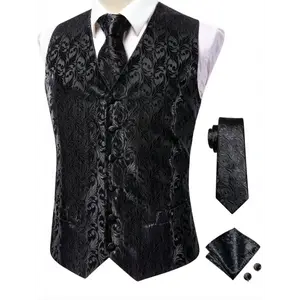 Men's Vintage Elegant Fit Sleeveless Vest Set - Formal Suit Waistcoat & Tie Cufflinks Hanky For Weddings, Parties Business Occasions Men Perfect Gift for Events  Casual Menswear  Polyester Tops Tractor Black
