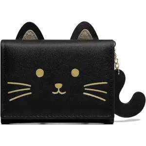 P-CPB011    Girls Cute 3D Cat Face Glitter Ears Wallet with Tail Tri-folded Wallet ID Card Case with Zipper Pocket (BLACK, CAT)