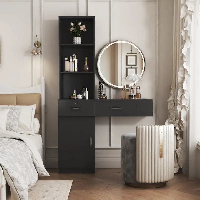 Wall Mount Barber Stations, Modern Salon Stations for Hair Stylist, Dressing Table for Bedroom, Makeup Table, Simple Hair Desk with 2 Drawers, 1 Storage Cabinet, 3 Open Shelves