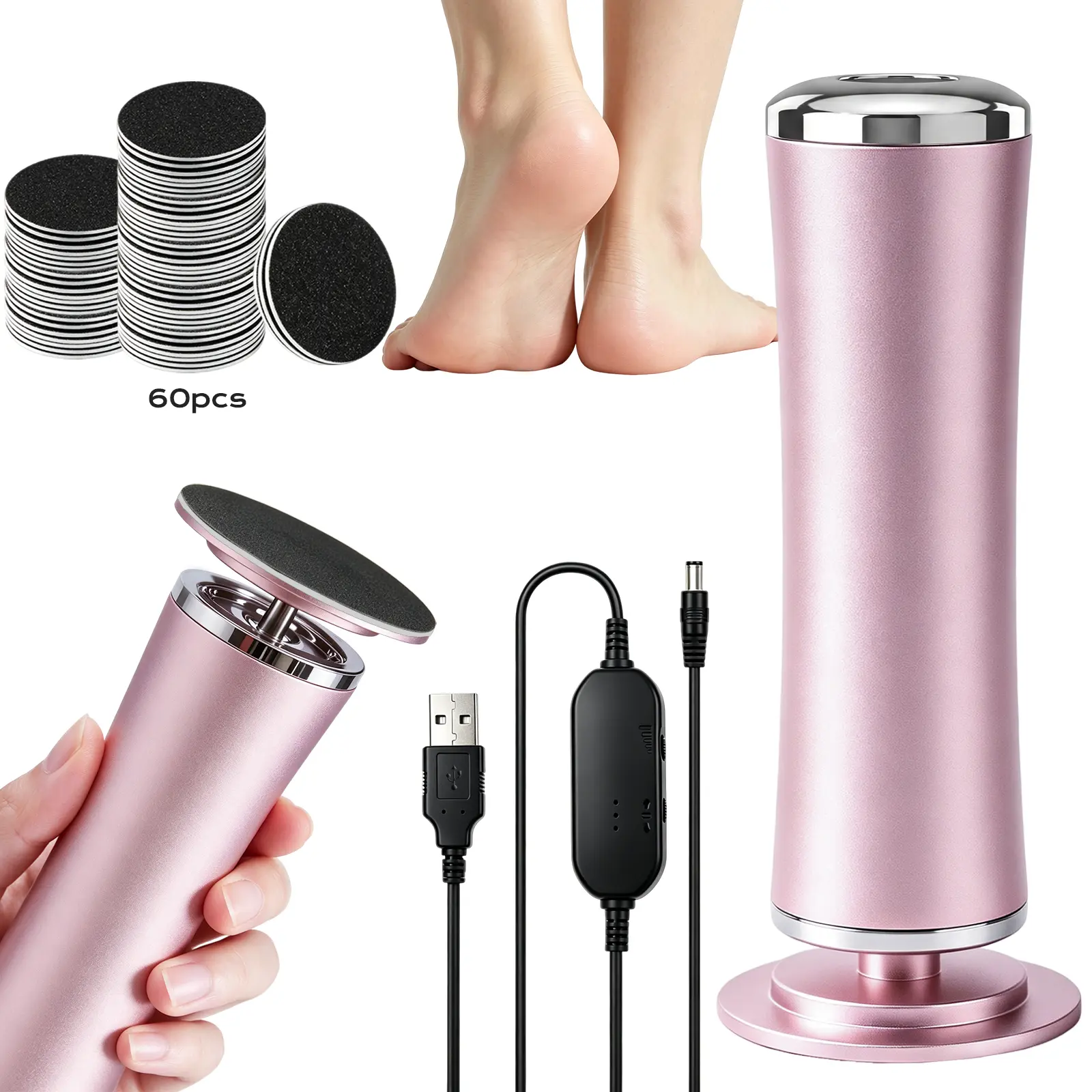 [Foot Beauty Tool]Adjustable Speed Electric Foot Callus Remove with 60pcs Sandpaper Discs for Cracked Heels - Dead Skin Remover for Dry Feet,USB Rechargeable,Holiday Gift for Women/Men - Christmas/Valentine's Day