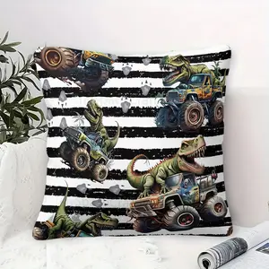 Playful T-Rex Riding Monster Trucks Throw Pillow, Digital Print 45cm Square with Inner Cushion, Featuring Bold Green Dinosaurs on Striped Background & Colorful Trucks, Perfect for Kids' Rooms, Fun Home Decor